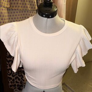 Zara white Ribbed Flutter-Sleeve Crop Top